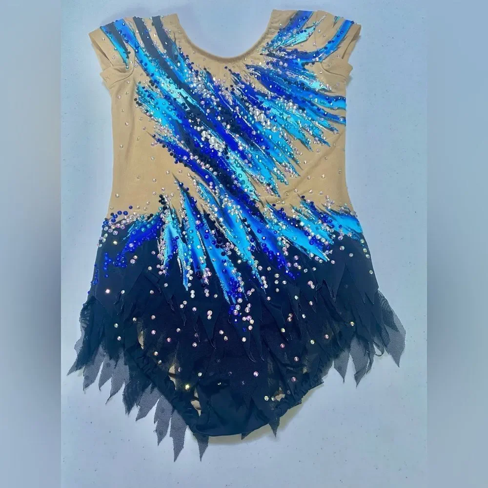 Custom solo dance ice skating rhythmic costume blue ombre rhinestoned dress MC